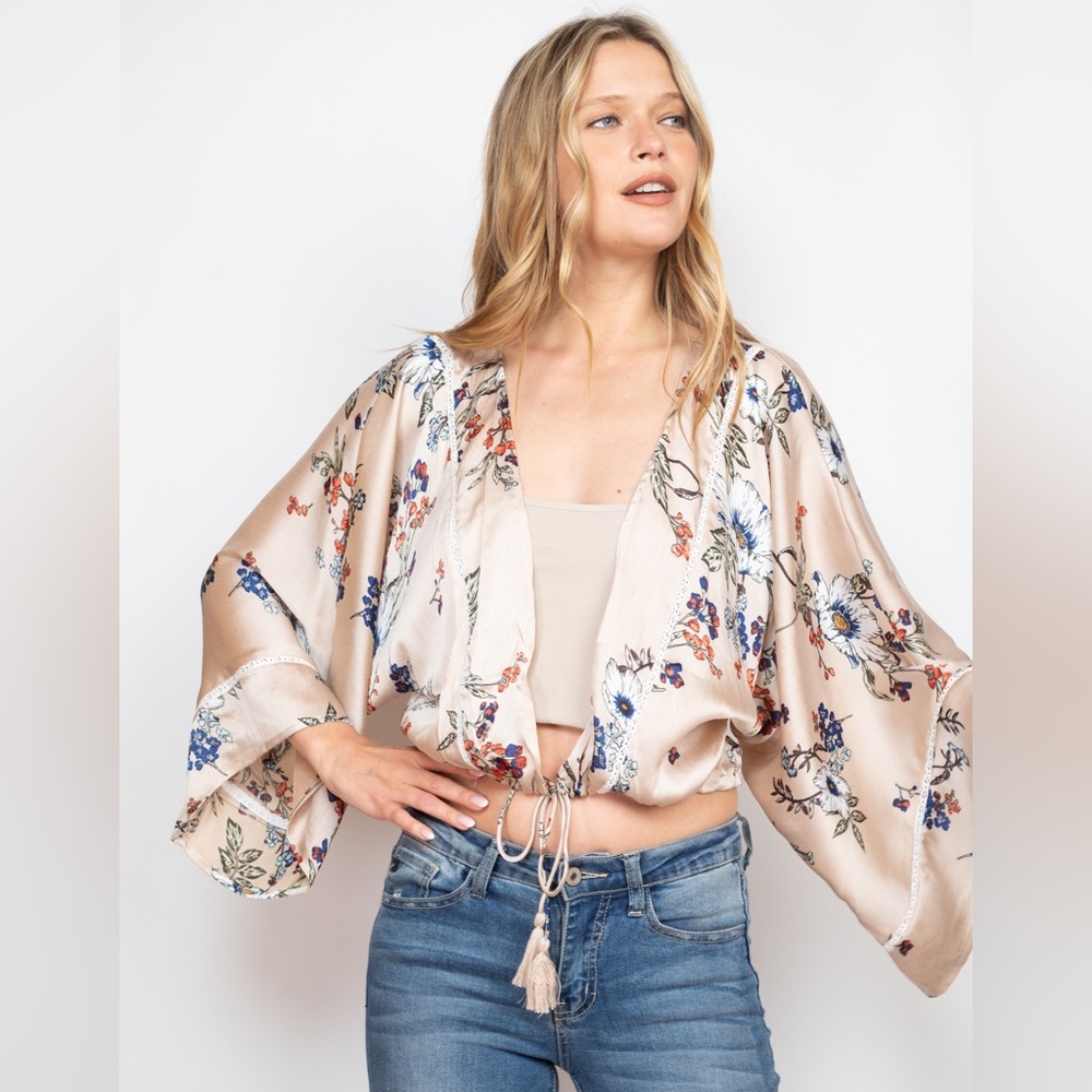 Floral Beige Women's Crop Front Tie Top - Picture 6 of 9